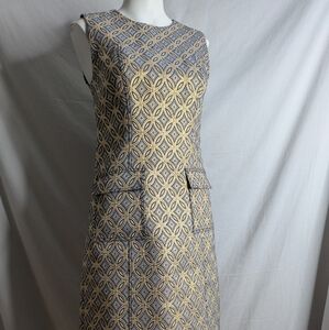 Elie Tahati Gold And Blue Metallic Geometric Dress Pockets Holiday Night Out